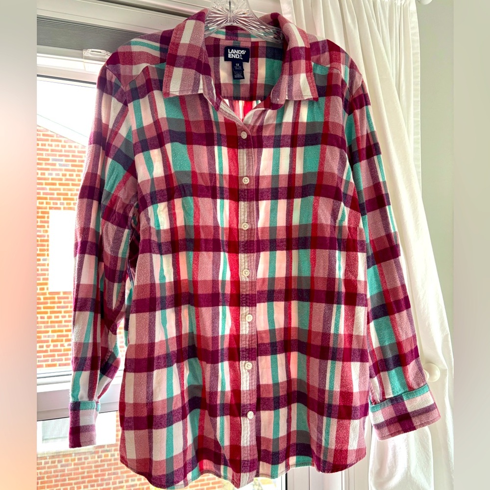 Lands’ End Plus Size 1X Purple, White, Blue Flannel Button Down Shirt